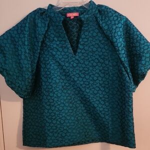 THML Mandarin Collar Teal Green Blue Jacquard Puff Sleeve Poppy Top NWOT